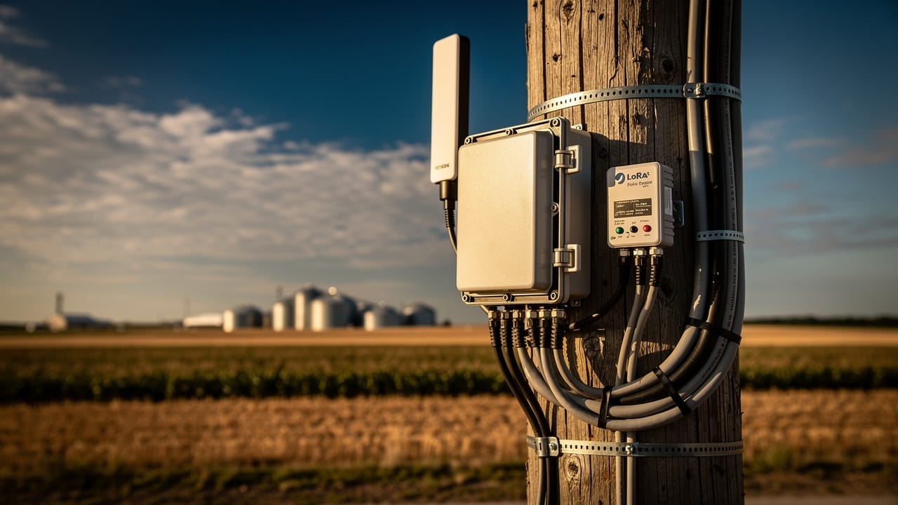 Farm weather station cellular modem and radio gateway on utility pole