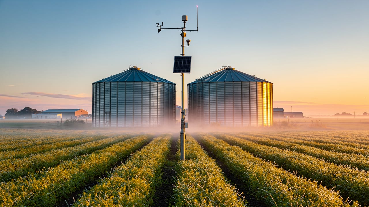 Weather station beside grain bins on prairie farm at dawn