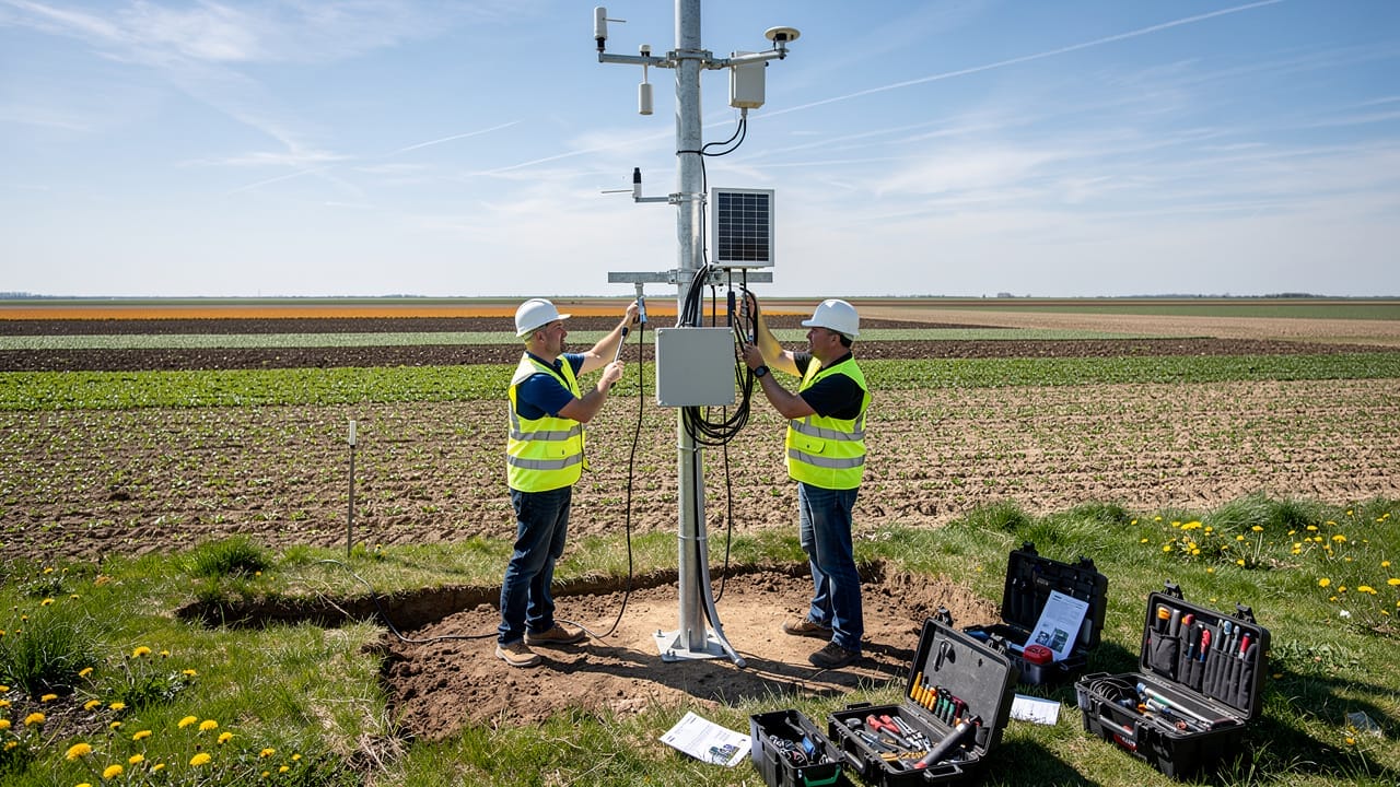 Workers installing a modular farm weather station in a prairie field