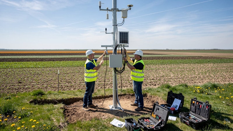 Workers installing a modular farm weather station in a prairie field