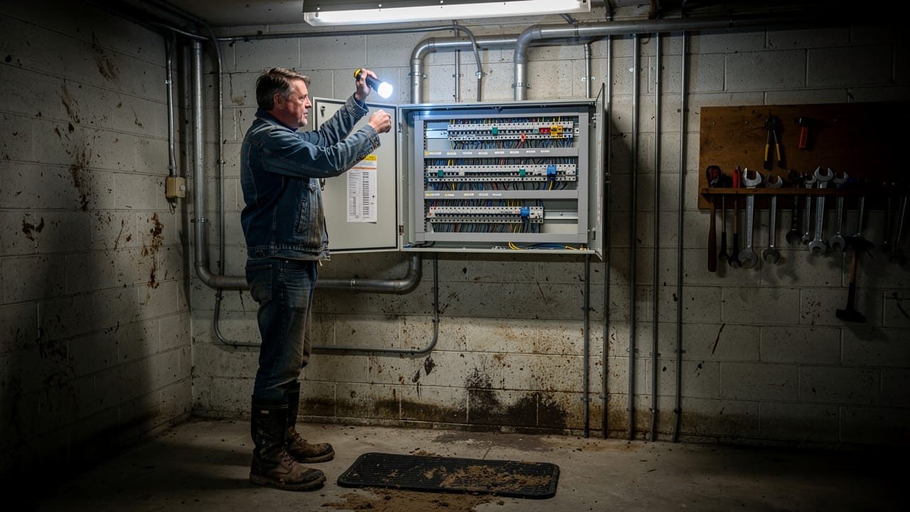 Farmer inspecting breaker panel with flashlight during outage