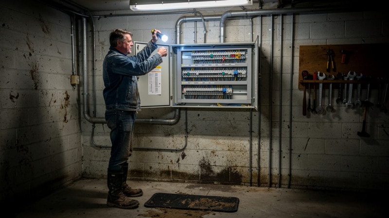 Farmer inspecting breaker panel with flashlight during outage