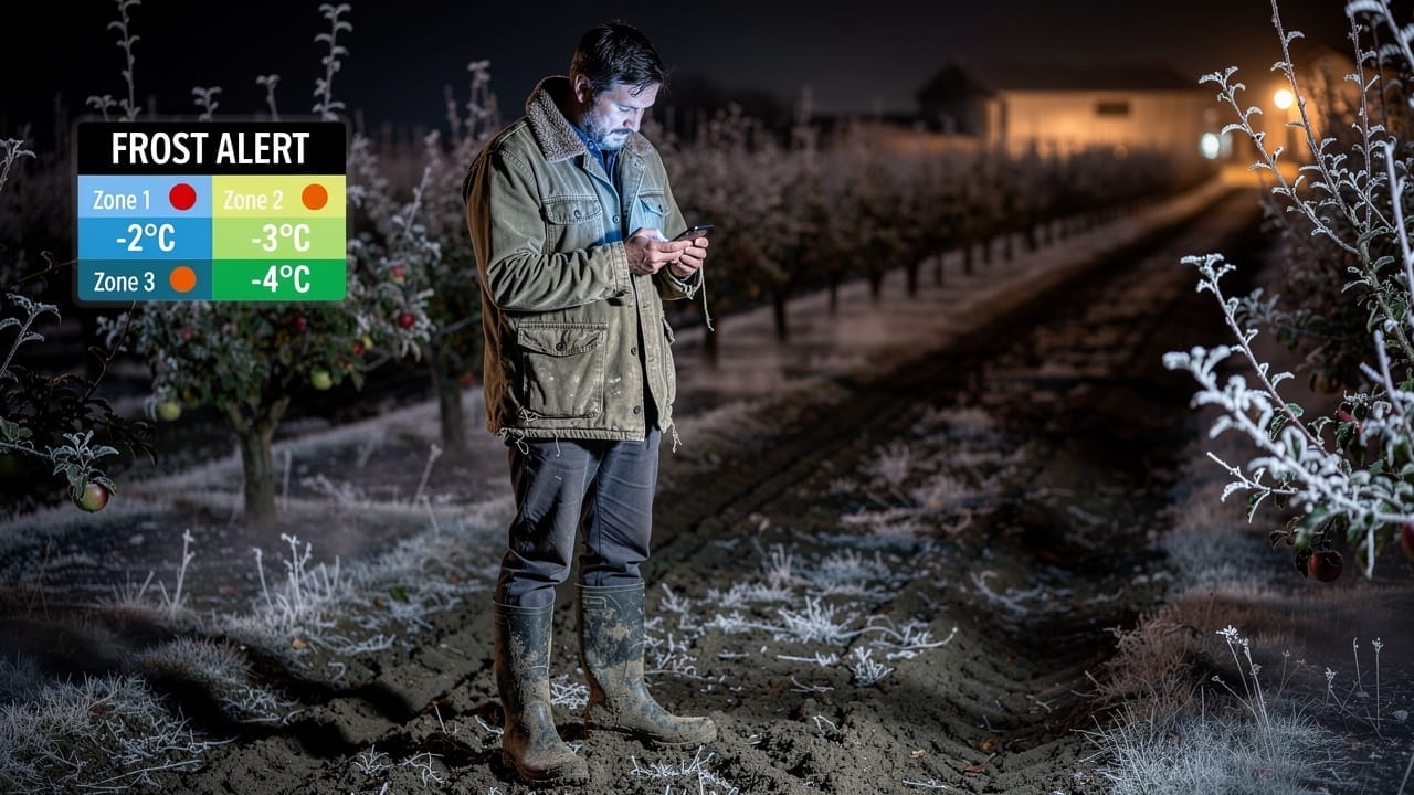 Farmer reviewing frost alert mobile app in frost-covered orchard at night
