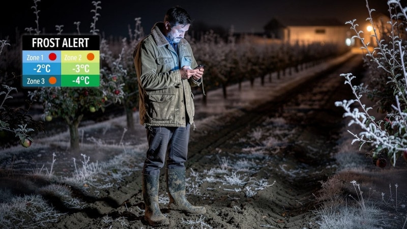 Farmer reviewing frost alert mobile app in frost-covered orchard at night
