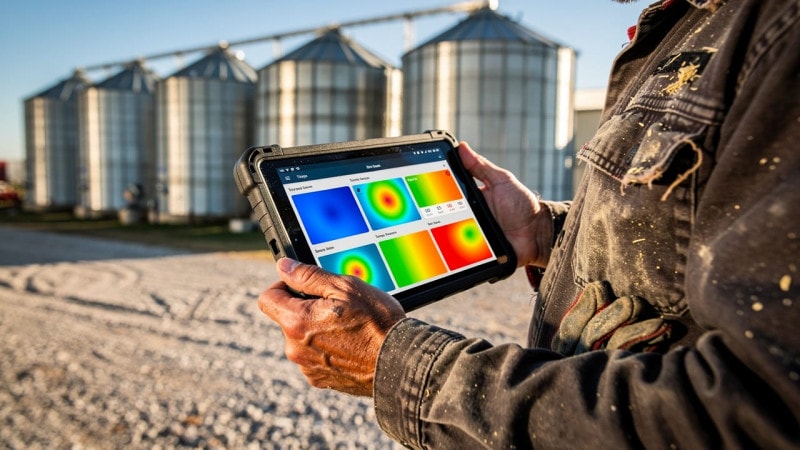 Farmer reviewing grain bin data on a tablet outdoors