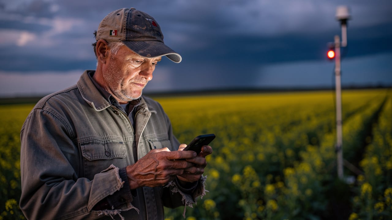 Farmer reviewing live weather station data on smartphone in field