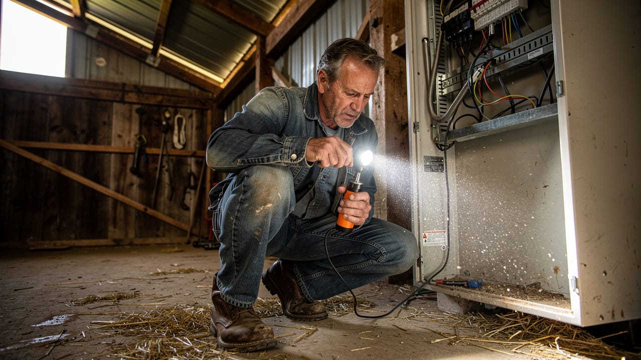 Farmer inspecting electrical panel inside a barn