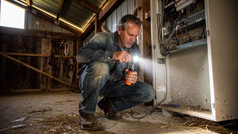 Farmer inspecting electrical panel inside a barn