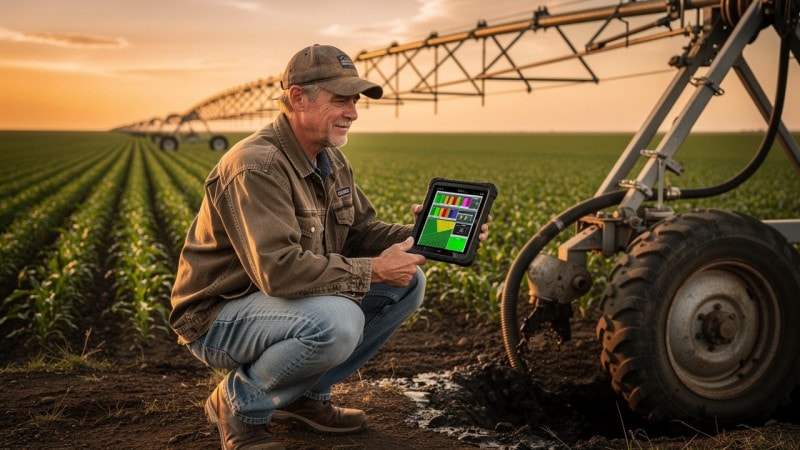 Farmer reviewing hyperlocal weather data on tablet near irrigation pivot