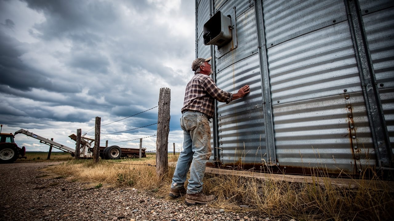 Farmer inspecting tall grain bin on a cloudy prairie day