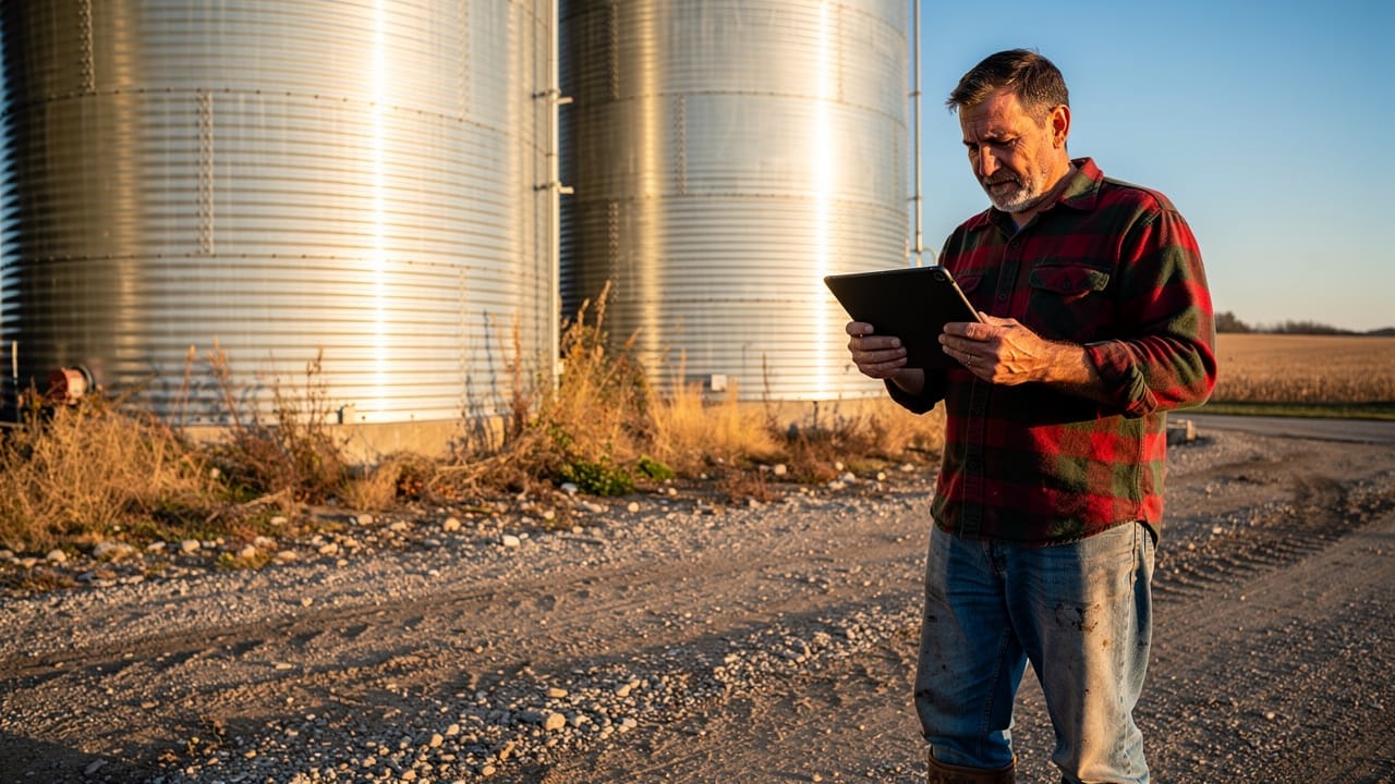 Canadian farmer checking grain bin data on a tablet