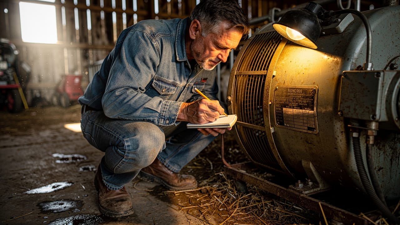 Farmer recording electrical nameplate data inside a livestock barn