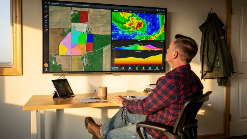 Farmer reviewing weather and crop data dashboard in farm office