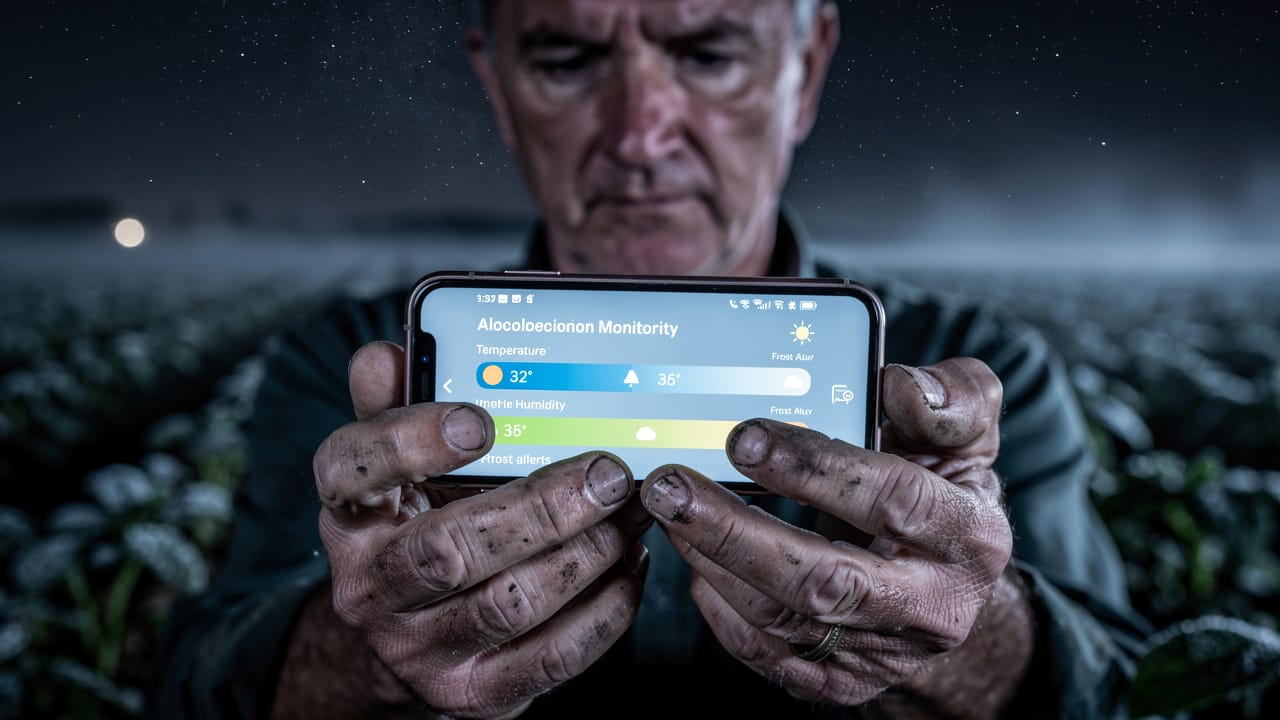 Farmer checking frost alert app on smartphone in potato field at night