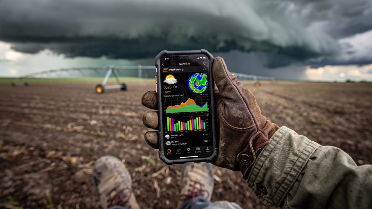 Farmer checking weather station data on smartphone in field