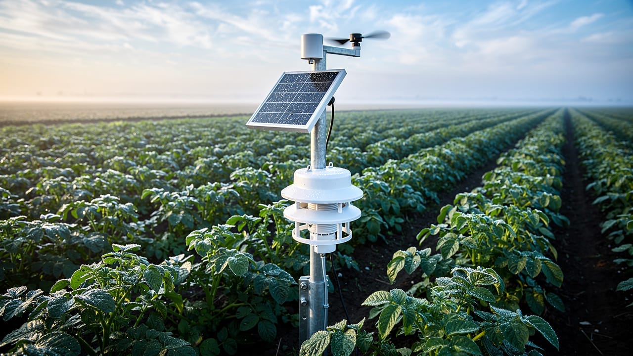 Weather sensor station among green potato plants in field