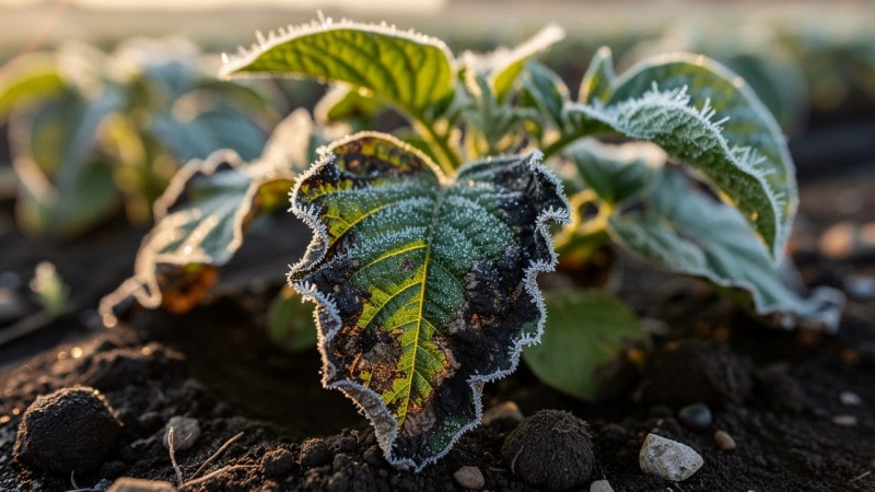 Frost-damaged blackened potato plant leaves at sunrise
