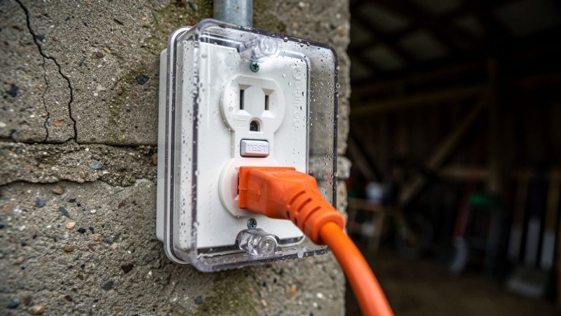 GFCI outlet in a weatherproof box on a damp barn wall