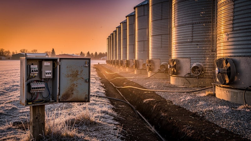 Grain bins with aeration fans and electrical panel on Alberta farm