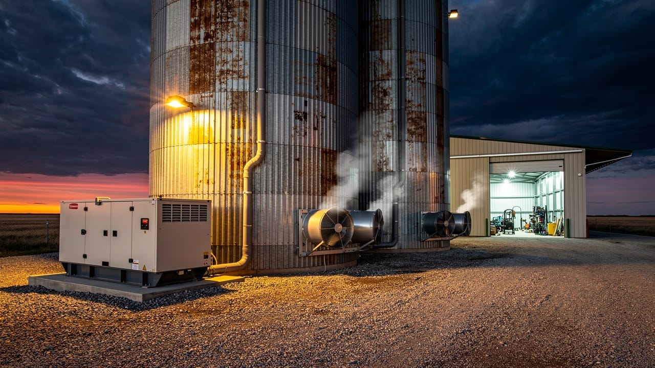 Grain handling facility with backup generator at dusk