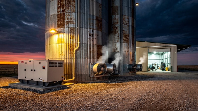 Grain handling facility with backup generator at dusk