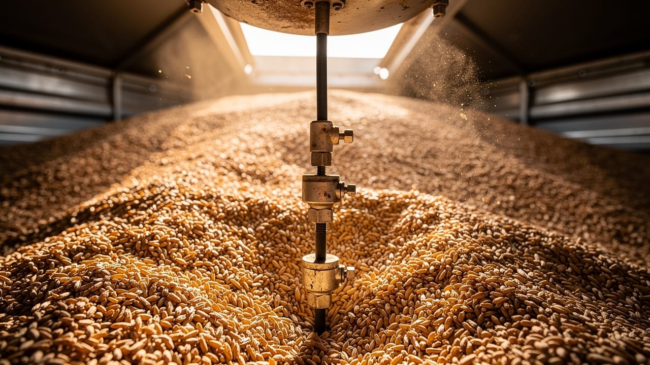 Sensor cable inside grain bin measuring temperature and moisture