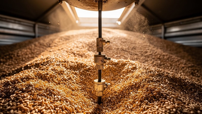 Sensor cable inside grain bin measuring temperature and moisture