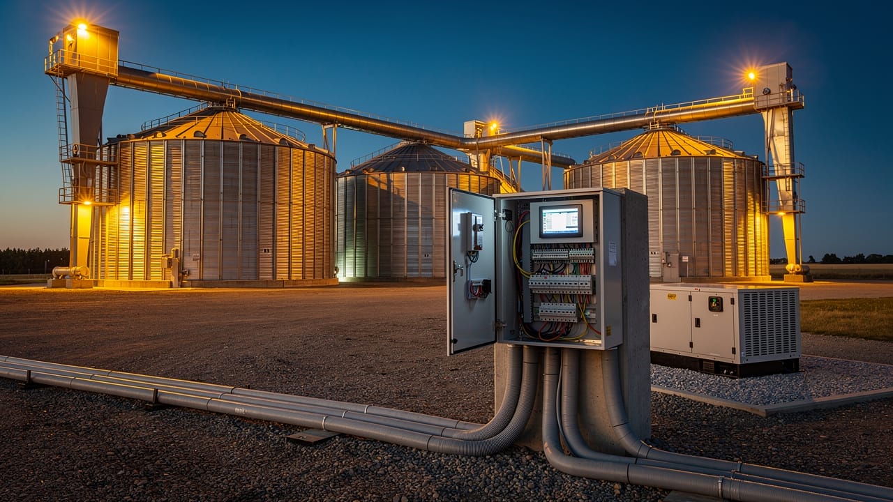 Alberta grain bin site with PLC controls at dusk