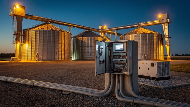 Alberta grain bin site with PLC controls at dusk