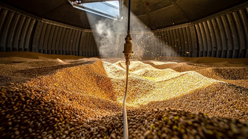 Temperature sensor cable hanging inside a grain storage bin