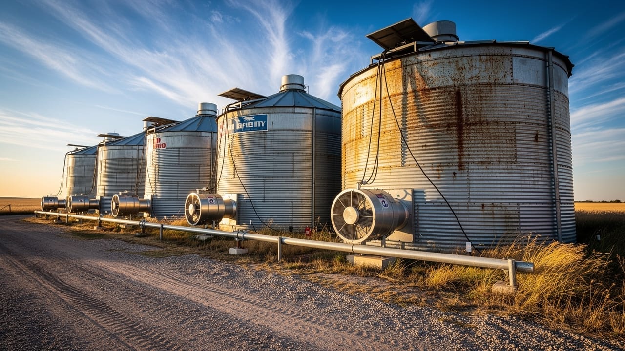 Row of grain storage bins with aeration fans on Alberta farm