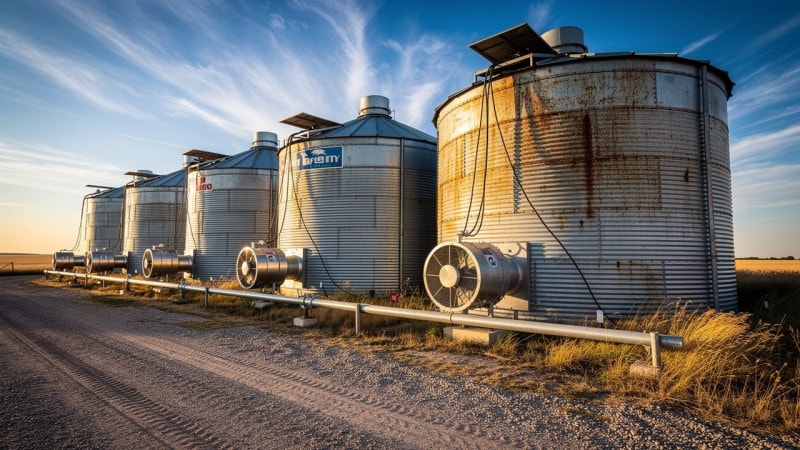 Row of grain storage bins with aeration fans on Alberta farm