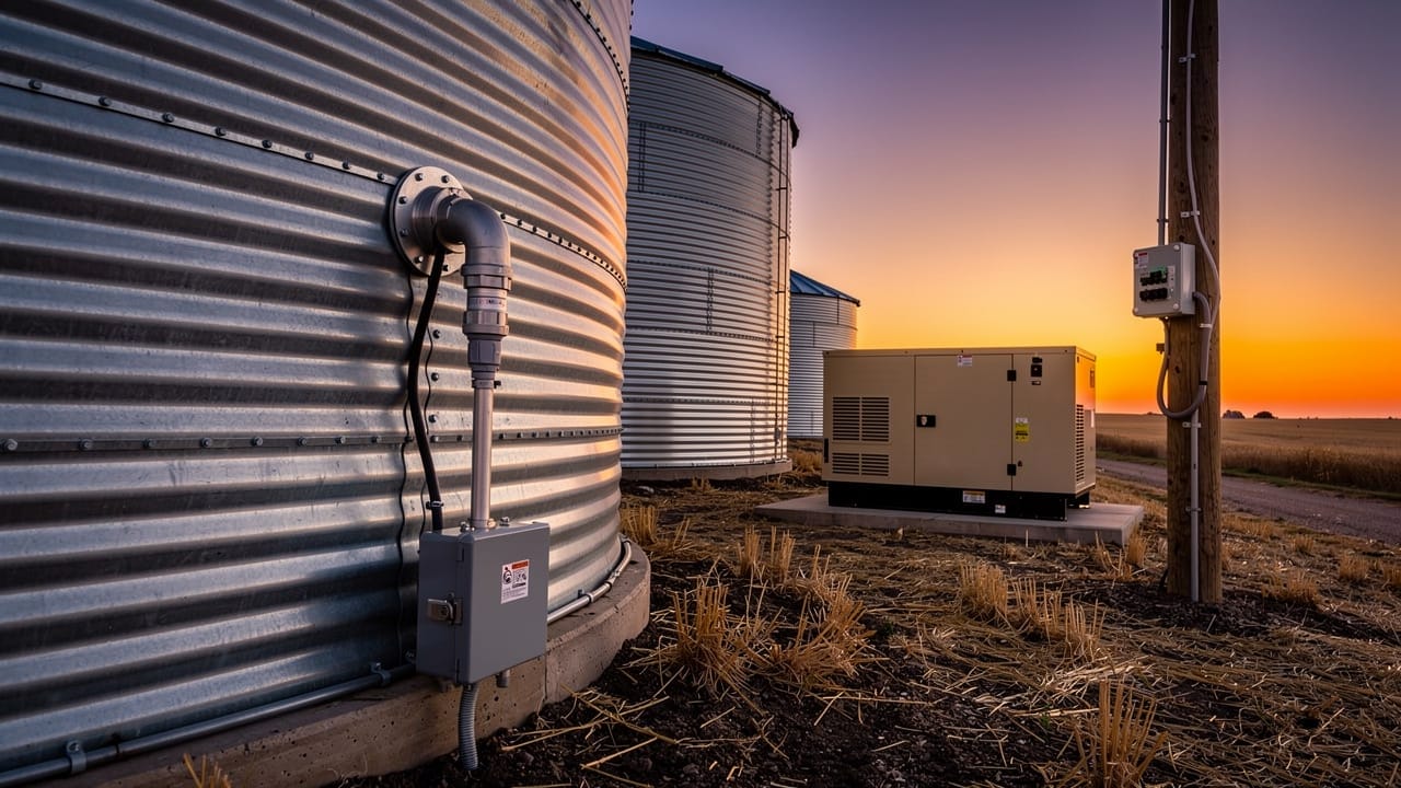 Prairie grain bins with temperature monitoring cables and backup generator
