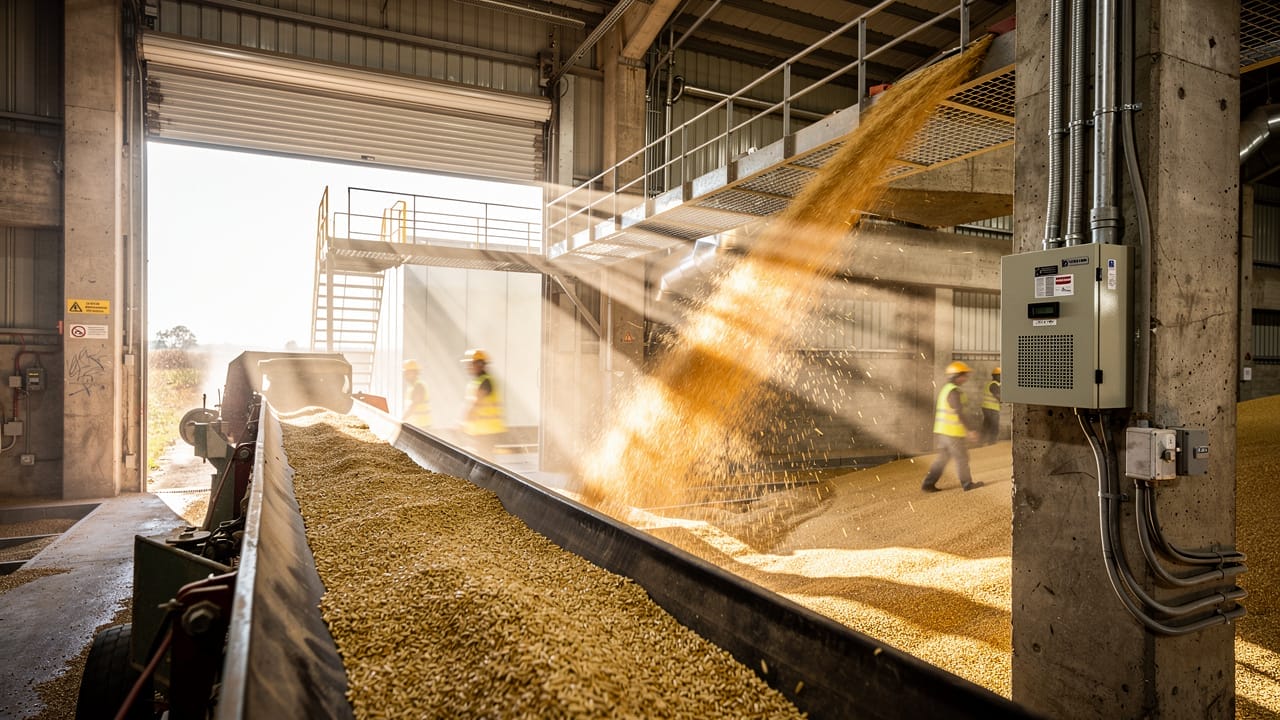 Grain conveyor and VFD drive system during active harvest receiving