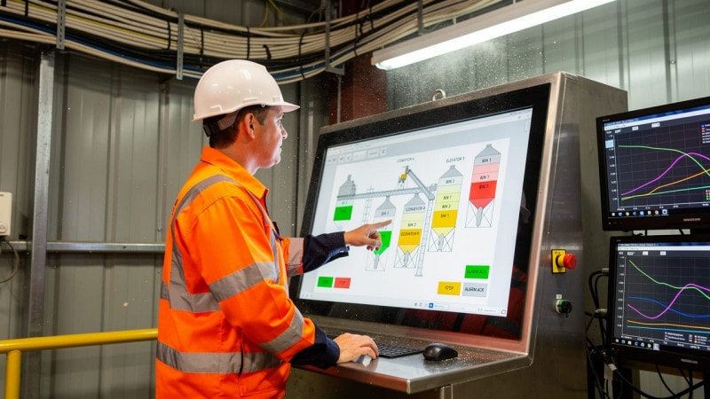 Grain elevator operator monitoring system on HMI touchscreen