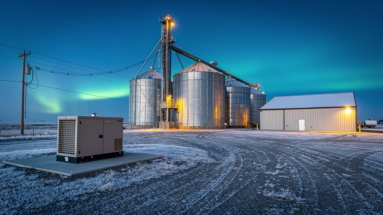 Prairie grain facility with standby backup generator at dusk