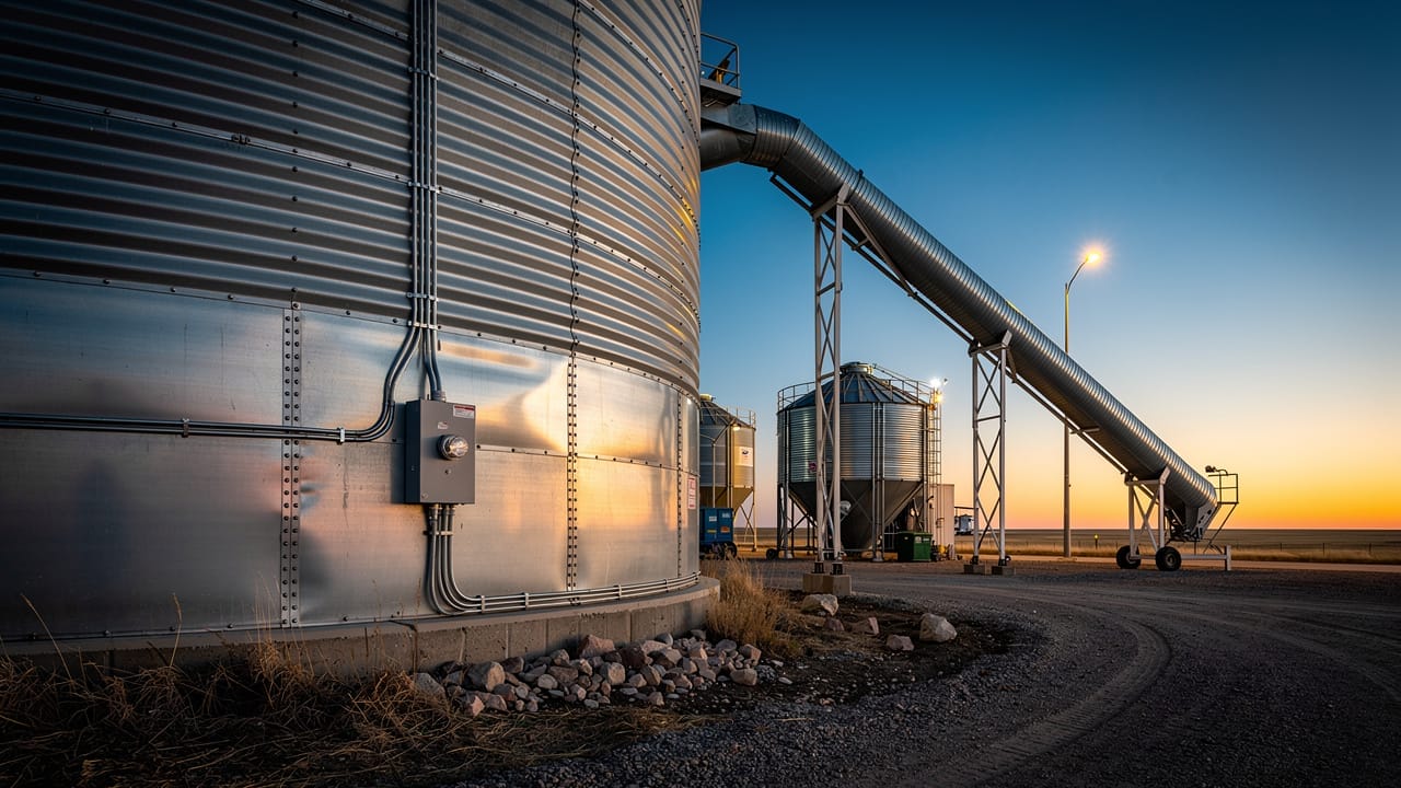 Rural Alberta grain handling facility with exterior electrical conduit at dusk
