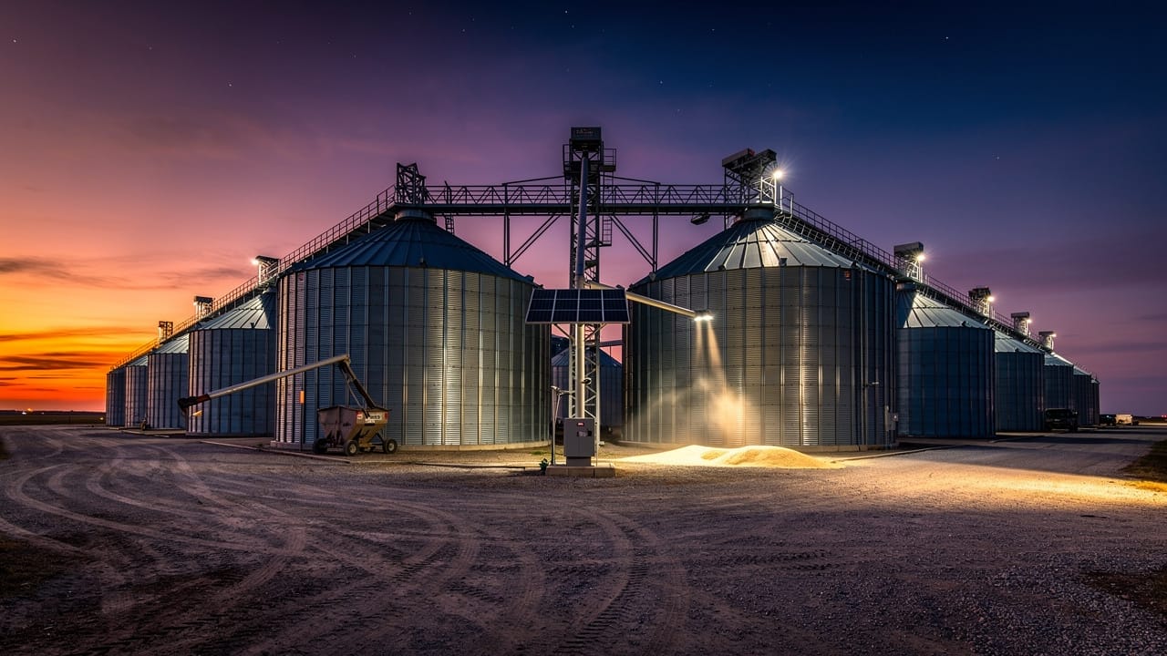 Grain storage facility with solar-powered monitoring at dusk
