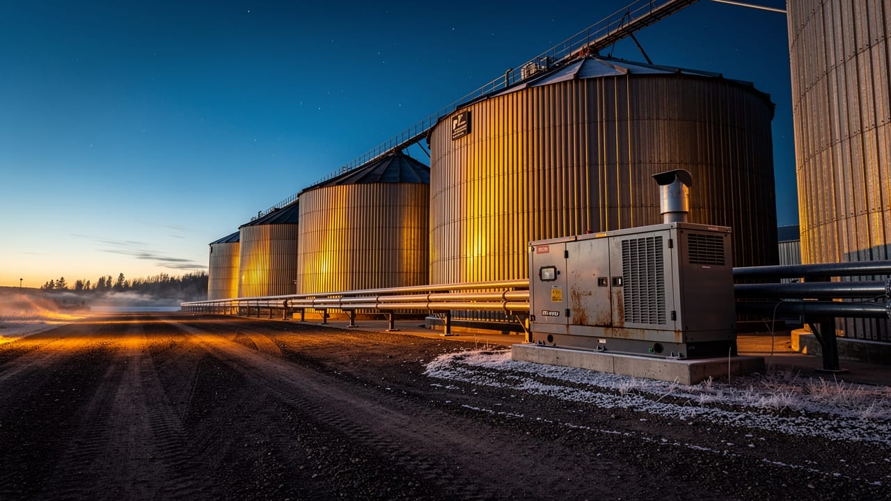 Grain storage yard at dusk with backup generator system