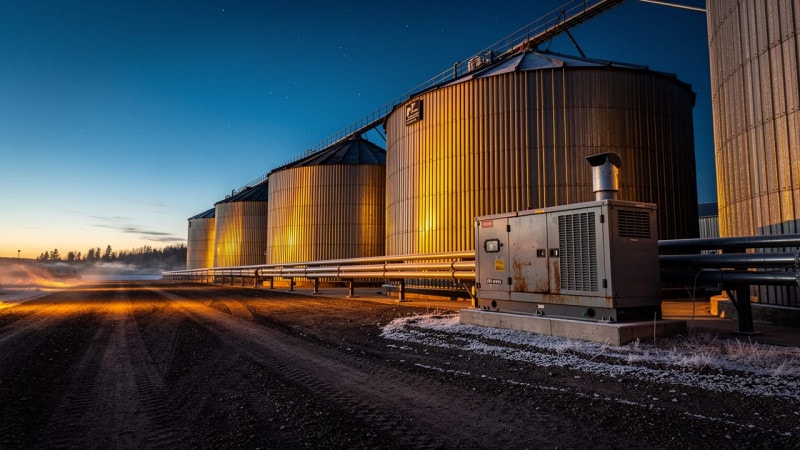 Grain storage yard at dusk with backup generator system