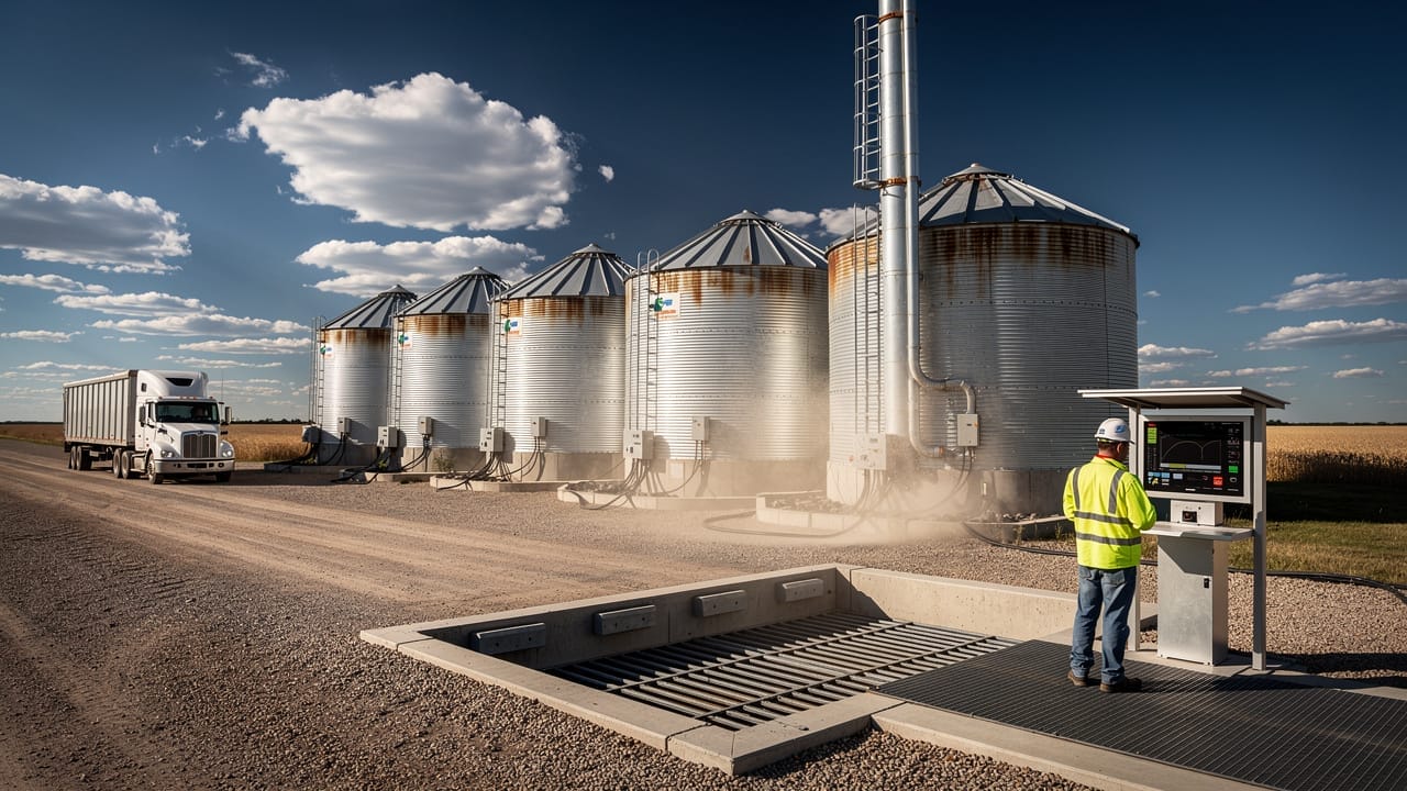 Grain yard with bin monitoring and automation during harvest season