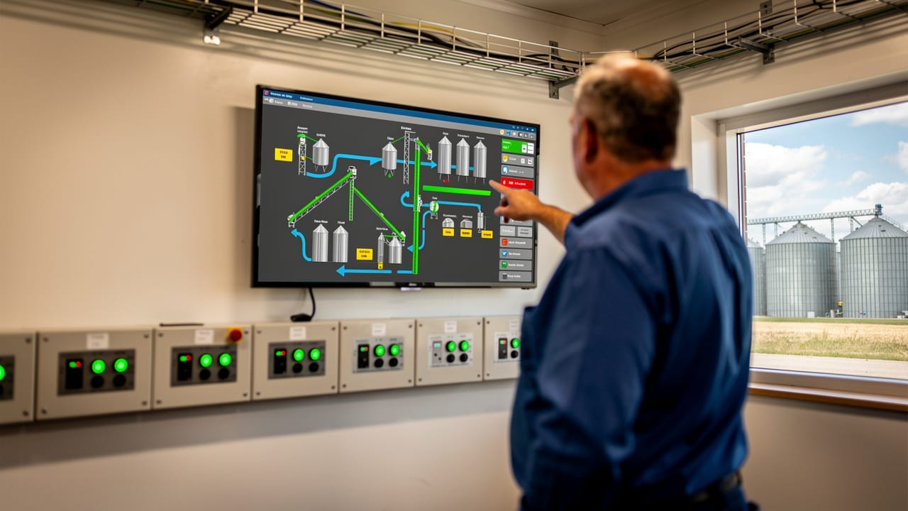 Grain facility operator using HMI touchscreen for automation control