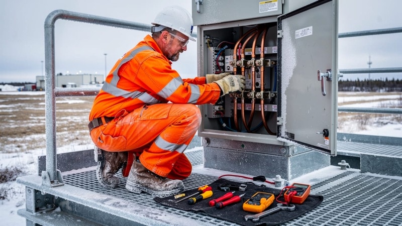 Industrial electrician inspecting switchgear at remote Alberta facility