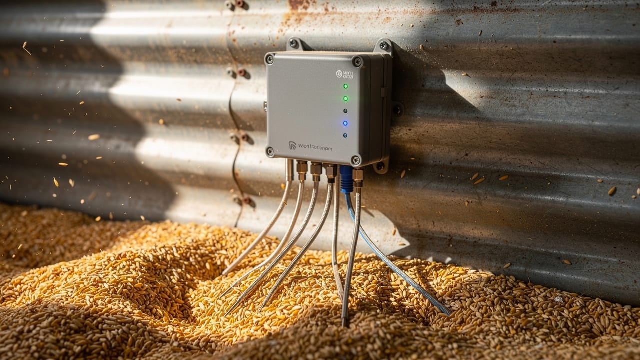 IoT temperature and moisture sensor inside grain bin