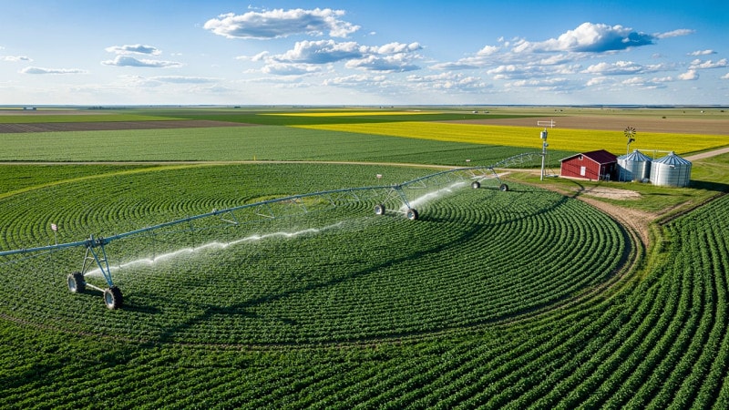 Aerial view of precision irrigation pivot over Alberta crop field