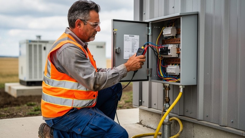 Licensed electrician inspecting transfer switch on Alberta farm