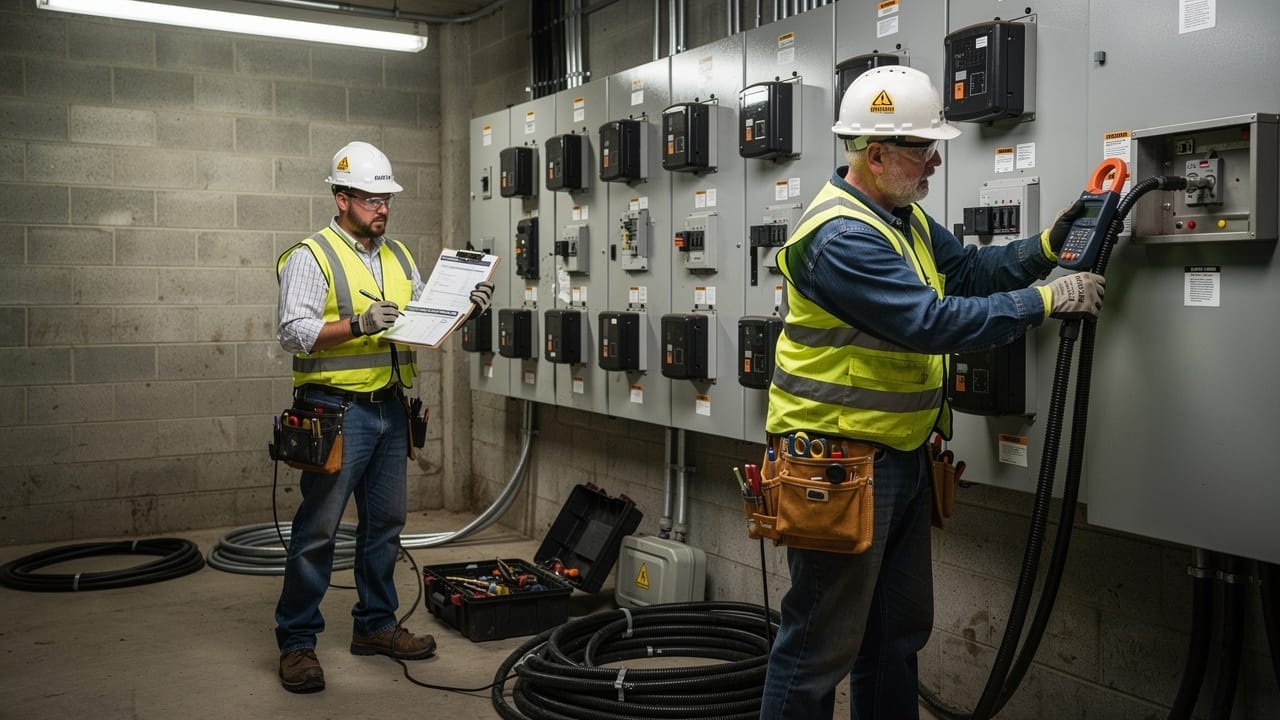 Licensed electricians measuring farm electrical load at main service panel