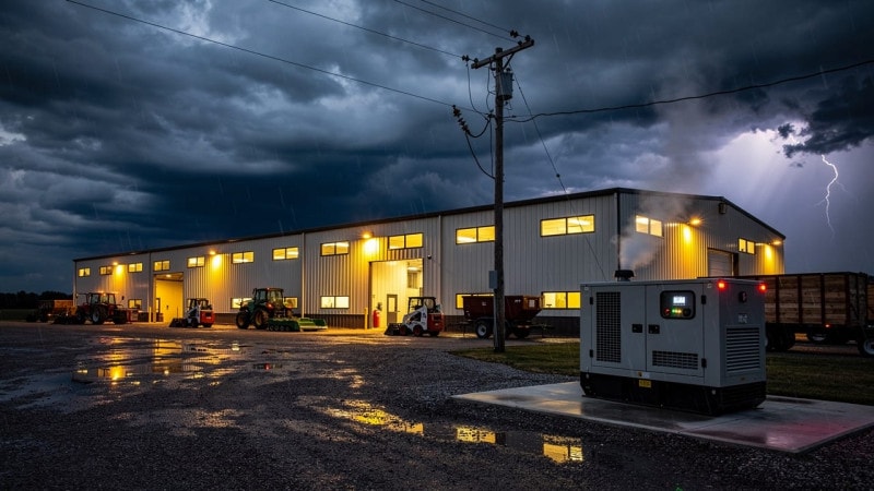 Livestock barn fully lit during a storm with backup generator running