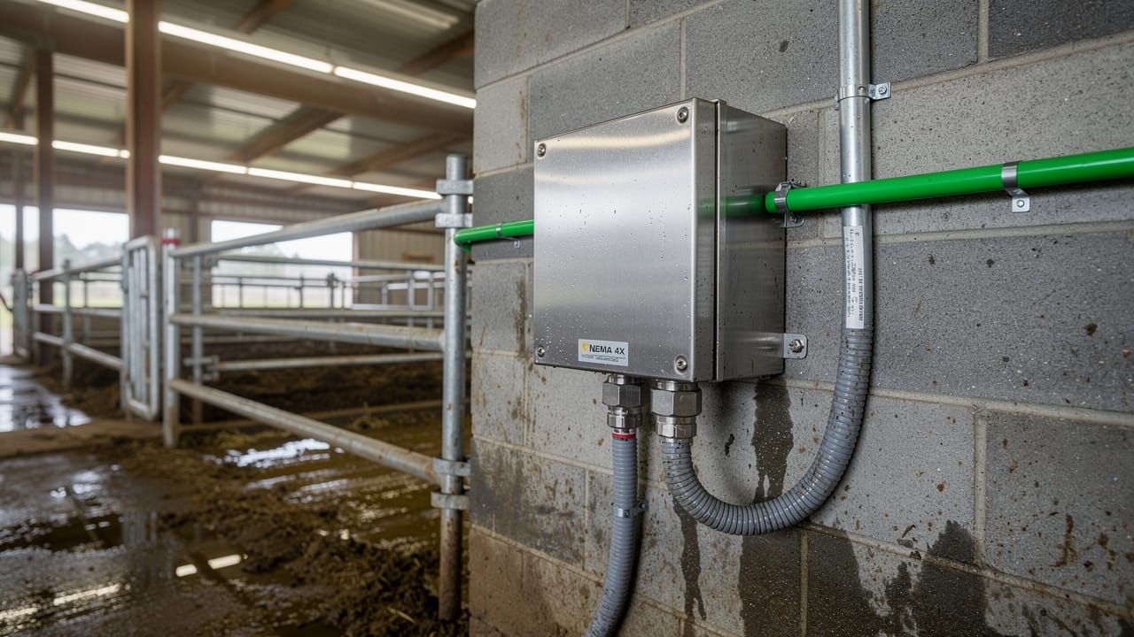 Stainless steel electrical enclosure with bonding in livestock barn