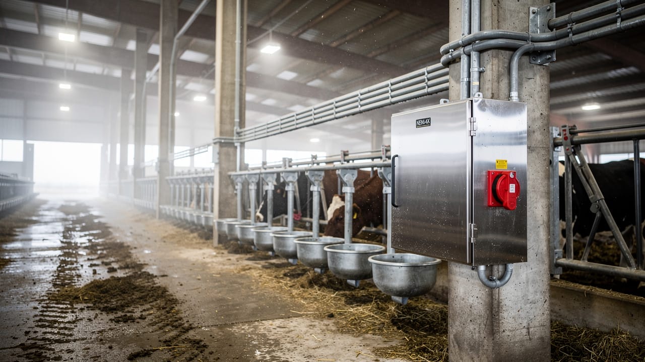 Electrical conduit and enclosures inside a livestock barn